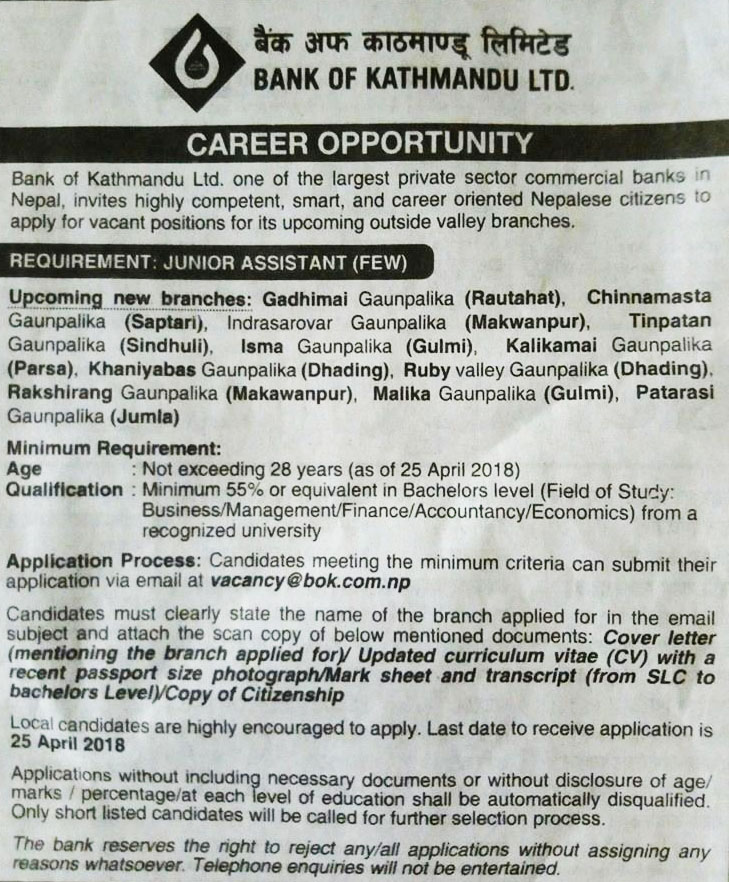 Career Opportunity at Bank of Kathmandu